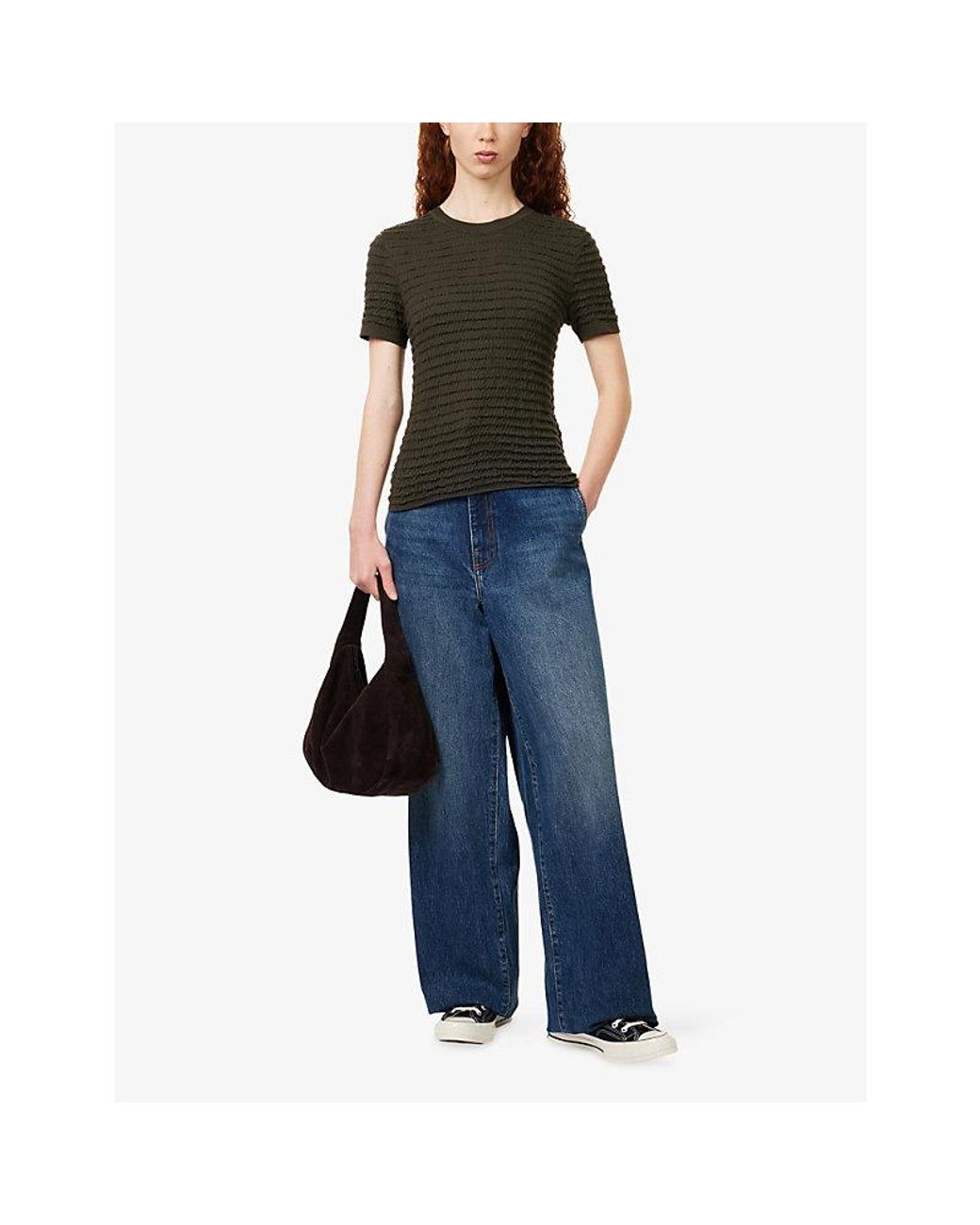 FRAME Green Smocked Silk-Blend T-Shirt