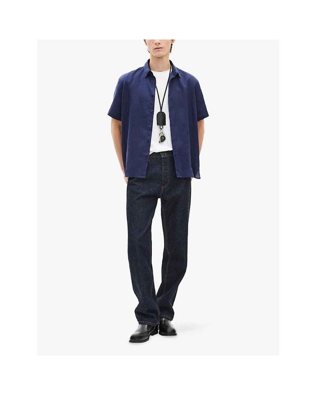 The Kooples Blue Short-Sleeved Brand-Embroidered Linen Shirt for men