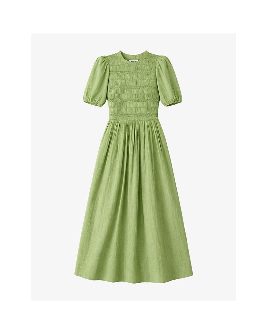 Ro&zo Green Shirred-Bodice Puff-Sleeve Cotton-Blend Midi Dress