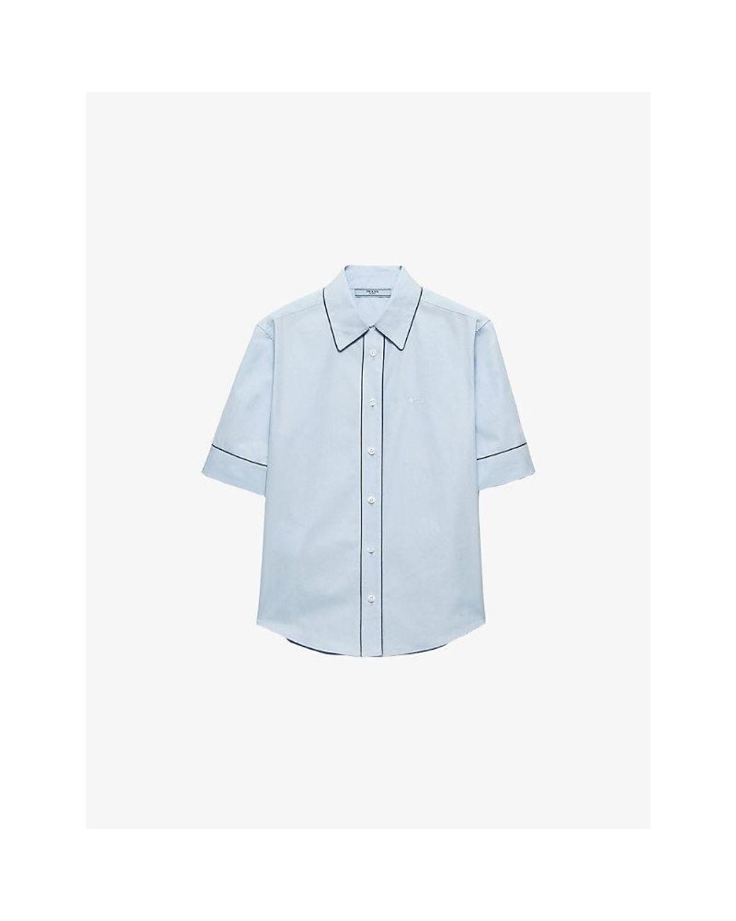 Prada Blue Short-Sleeve Pip-Trim Cotton Poplin Shirt