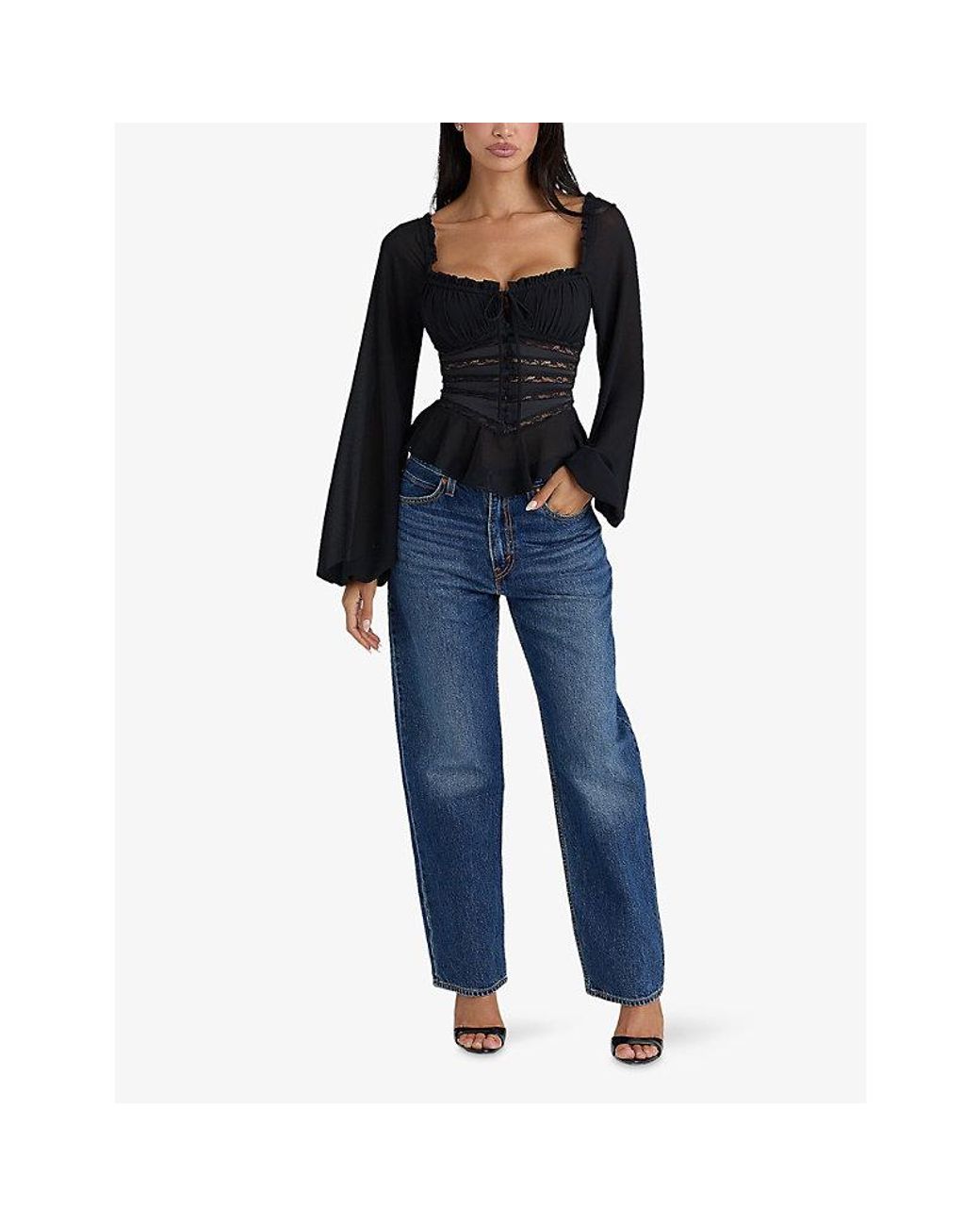 House Of Cb Black Cara Long-Sleeve Georgette Peplum Top