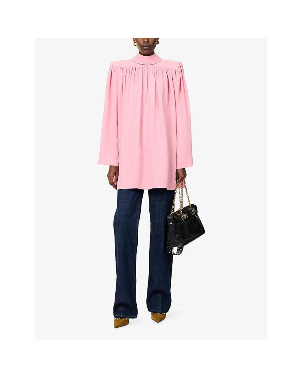 Valentino Pink Draped High-Neck Silk Top
