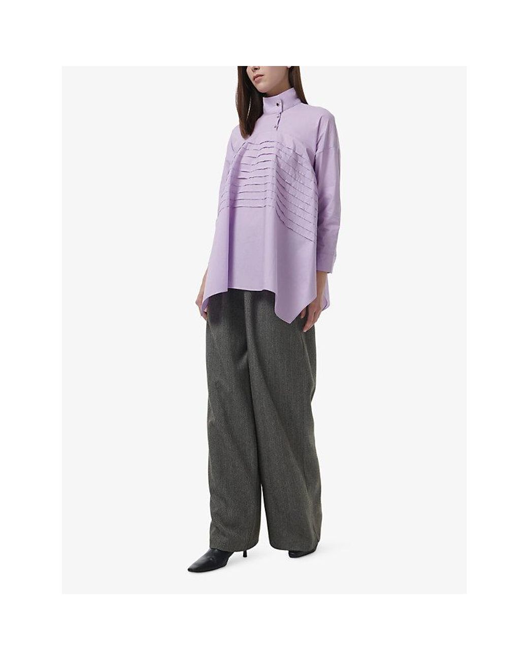 eem Purple Asymmetric-Hem Pintuck Cotton Blouse