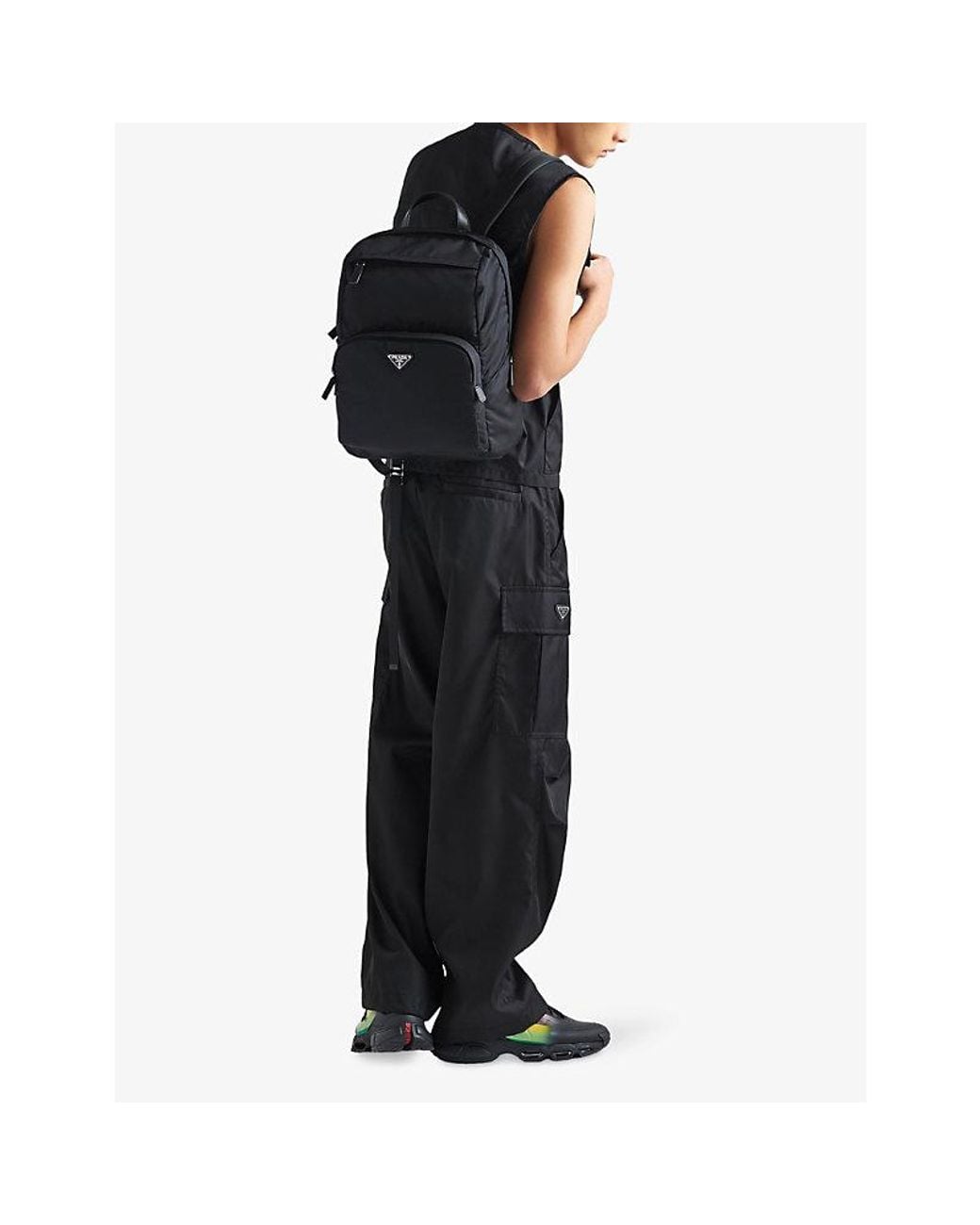 Prada Black Re-Nylon Logo-Embellished Woven Backpack