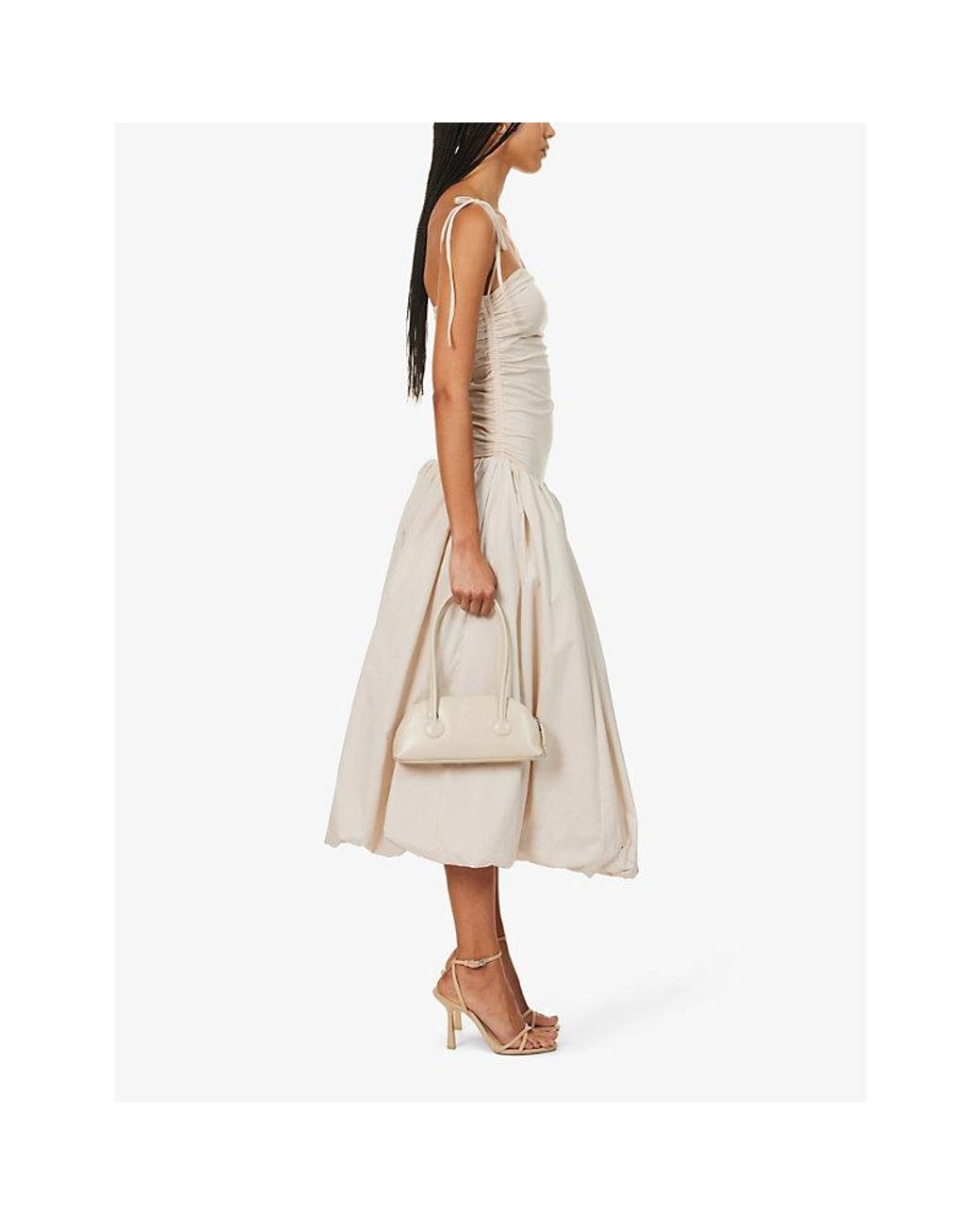 Amy Lynn White Alexa Puffed-Hem Stretch-Woven Midi Dress