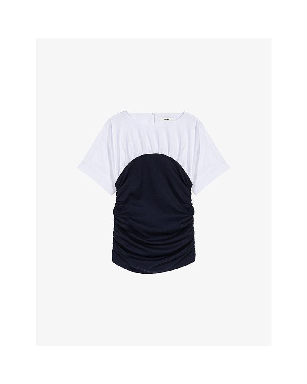 Maje Blue Contrast-Panel Pleated Stretch-Jersey Top