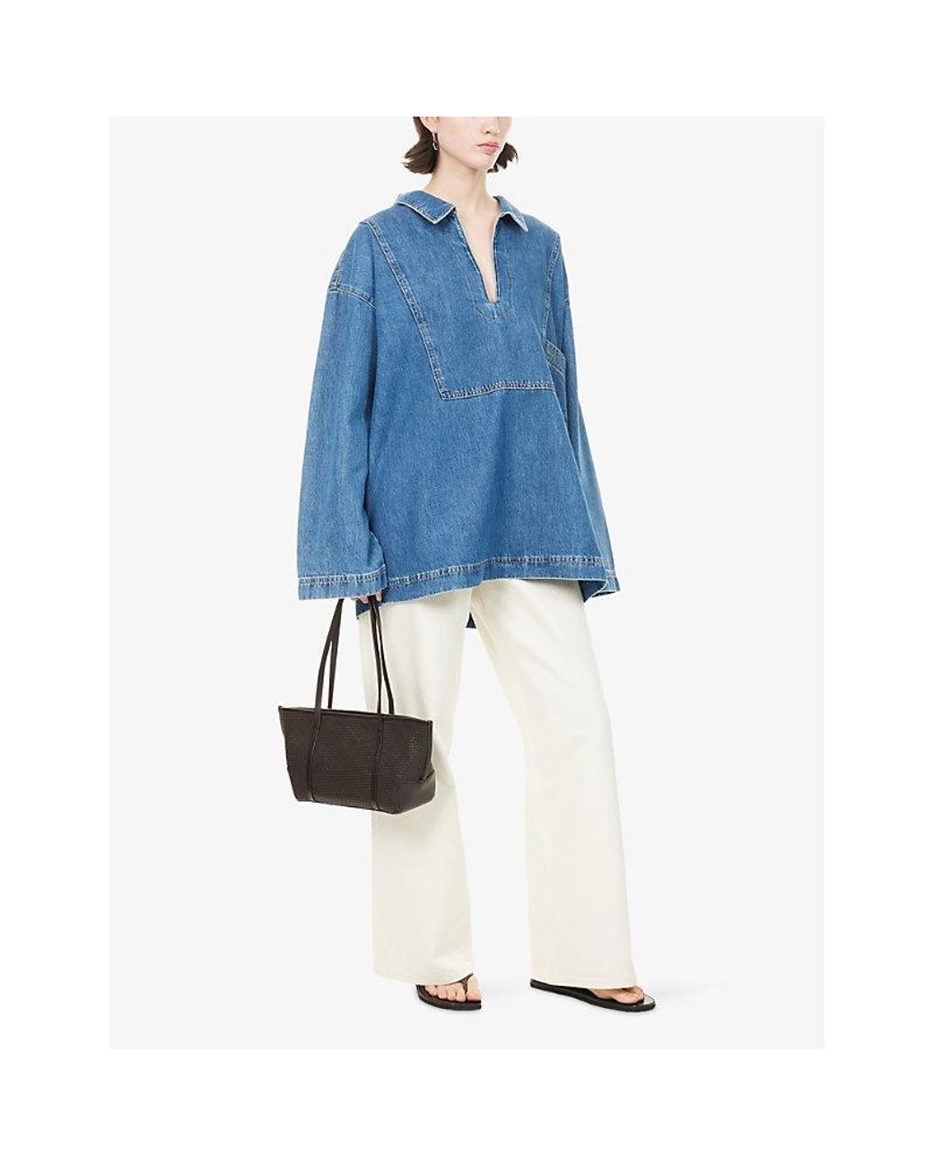 Skall Studio Blue Norma Tunic Open-Neck Cotton Denim Top