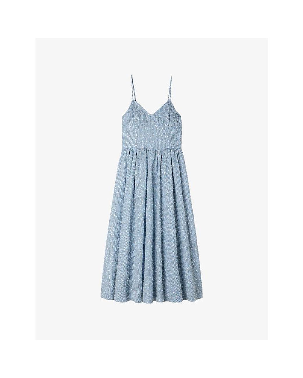 Sandro Blue Striped Sequin-Embellished Lyocell Midi Dress