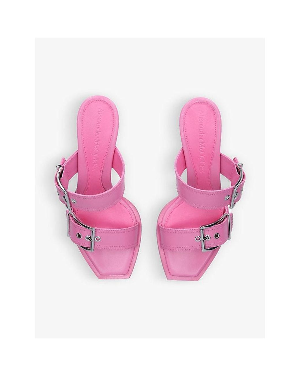 McQueen Pink Buckle-Embellished Leather Heeled Mules