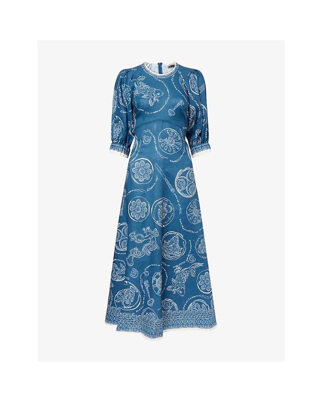 ALÉMAIS Blue Lucky Short-Sleeve Linen Midi Dress