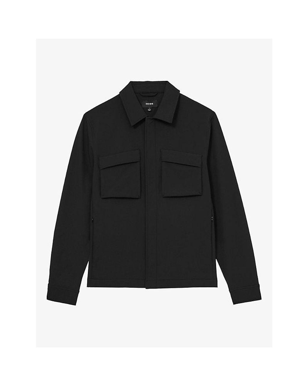 Reiss Black Divide Patch-Pocket Button-Up Stretch-Woven Overshirt for men