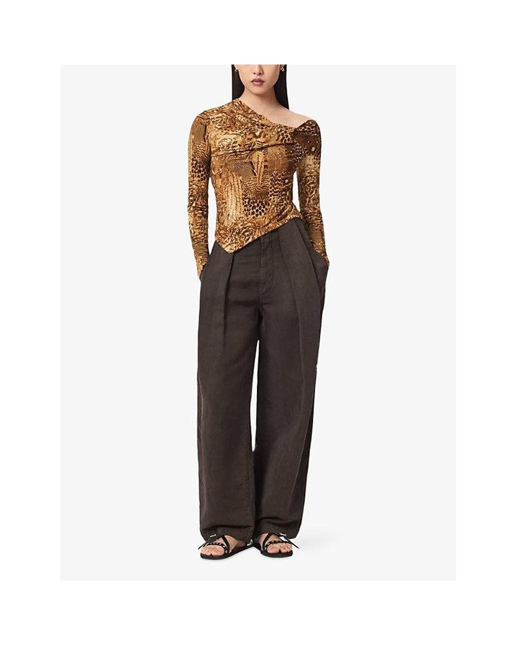 AllSaints Brown Arlie Abstract-Print Stretch-Woven Top