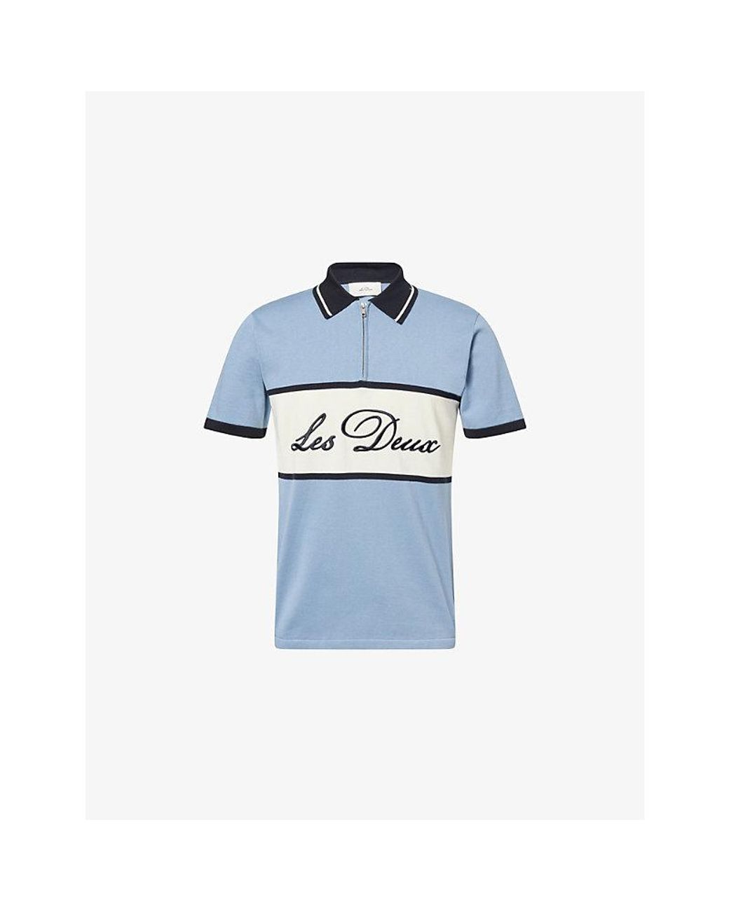 Les Deux Blue Knitted Zipper Cotton Polo T-Shirt for men
