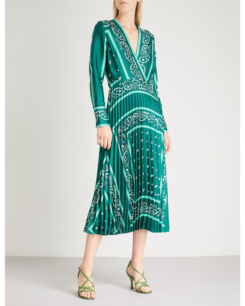 Sandro Pleated Printed Satin-twill Midi Dress in Green | Lyst