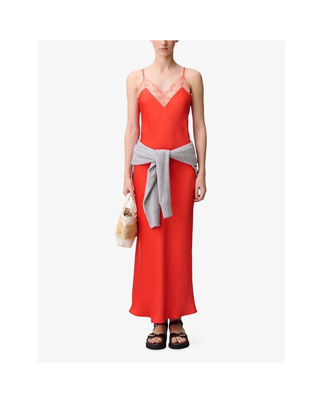 Claudie Pierlot Red Sleeveless Lace-Trim Satin Maxi Dress