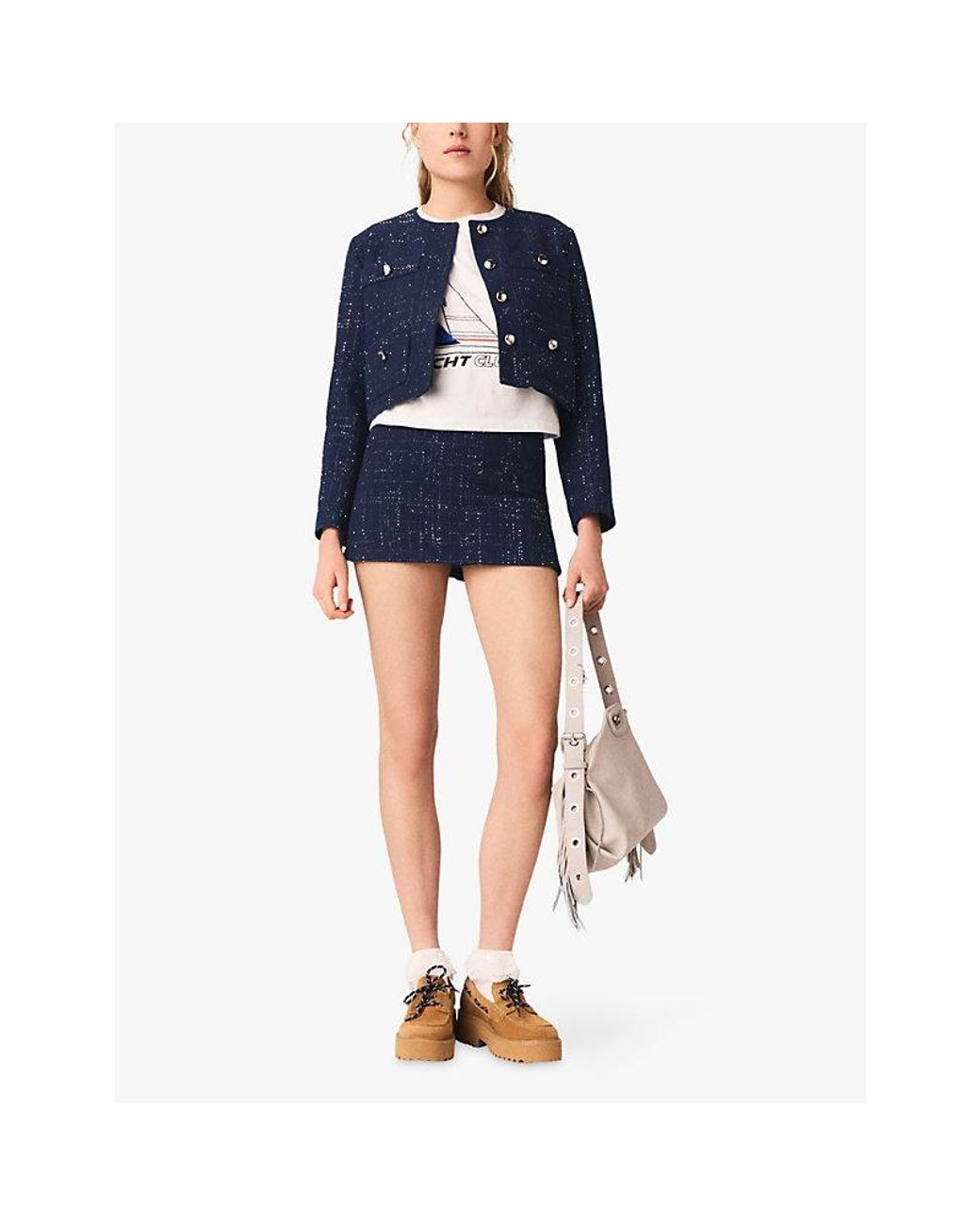 Maje Blue Tweed-Textured Cropped Cotton-Blend Jacket