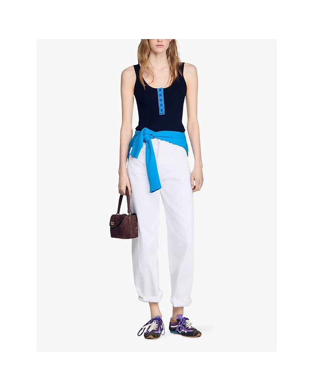 Sandro Blue Sleeveless Contrast-Trim Knitted Vest Top