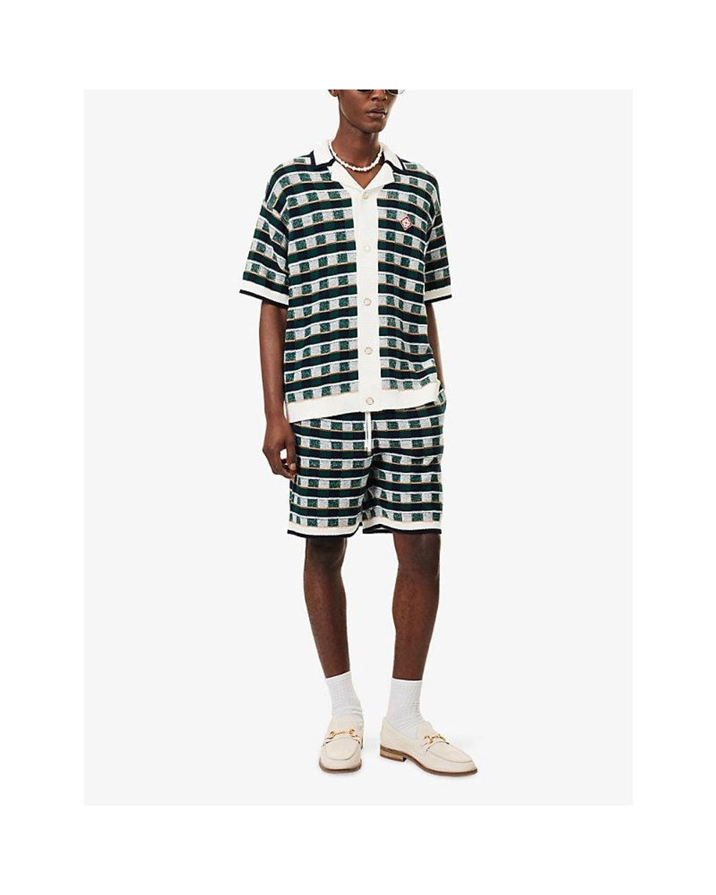 Casablanca Blue Mosaic Crochet Short-Sleeve Cotton Shirt for men