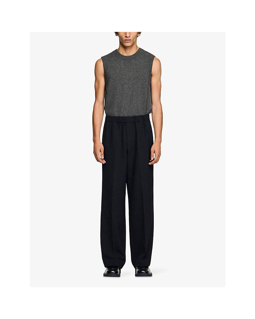 Sandro Black Elasticated-Waist Wide-Leg Stretch-Woven Trousers for men
