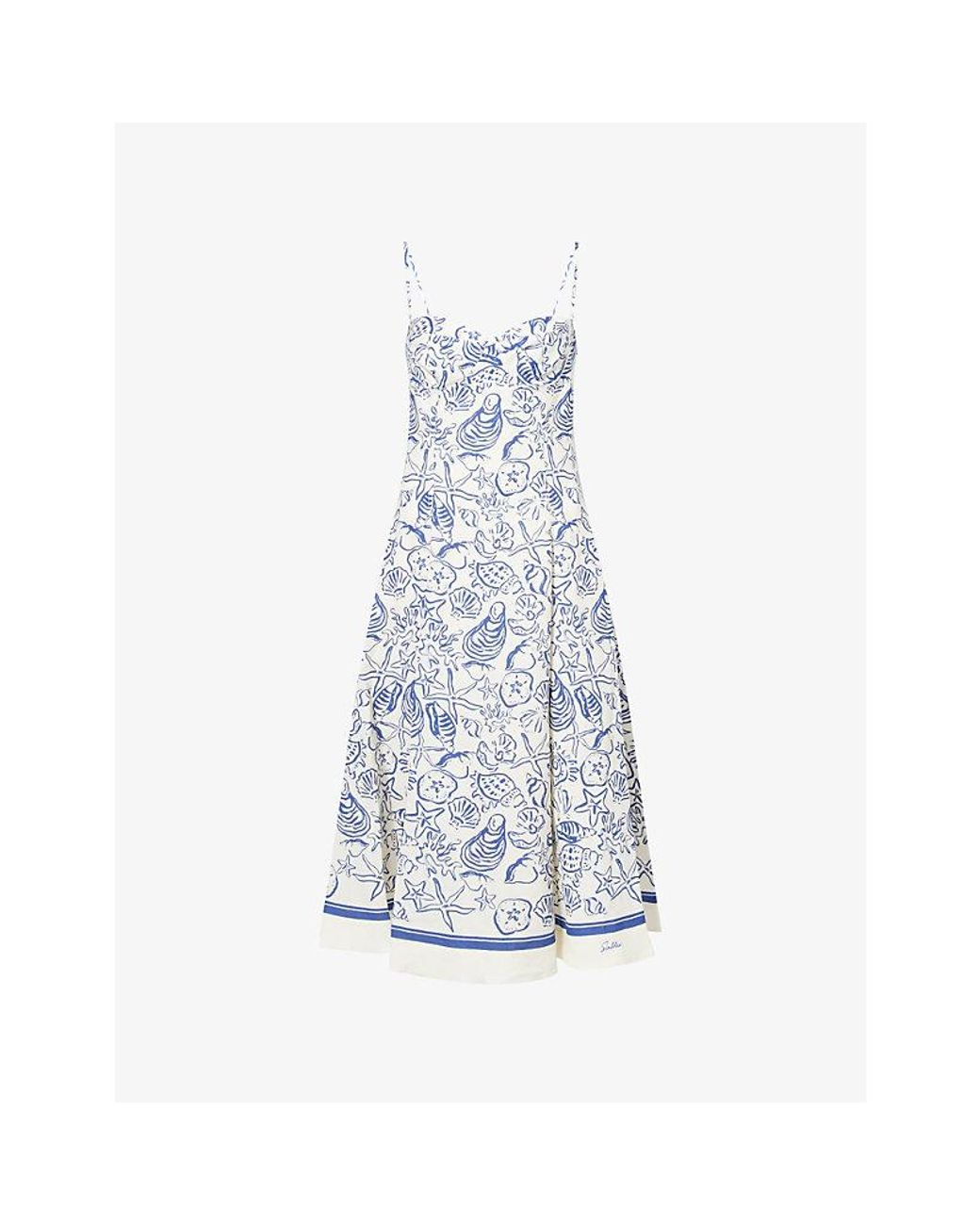 Jonathan Simkhai Blue Analise Graphic-Pattern Linen-Blend Midi Dress
