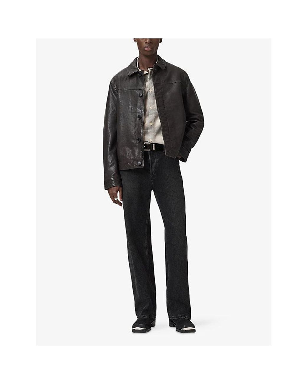 AllSaints Black Nates Collared Leather Jacket for men