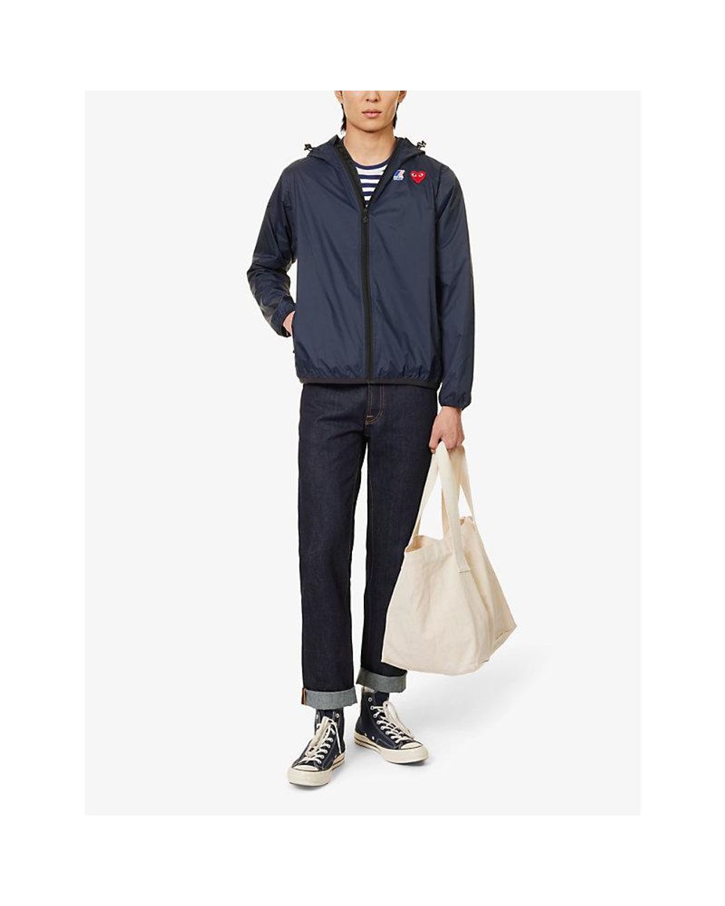 COMME DES GARÇONS PLAY Blue Comme Des Garçons Play X K-Way Brand-Print Regular-Fit Shell Hooded Jacket for men
