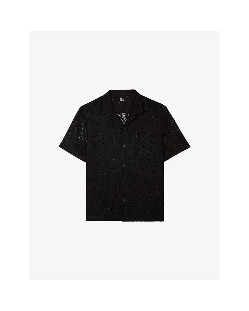 The Kooples Black Short-Sleeved Notch-Collar Lace Shirt for men