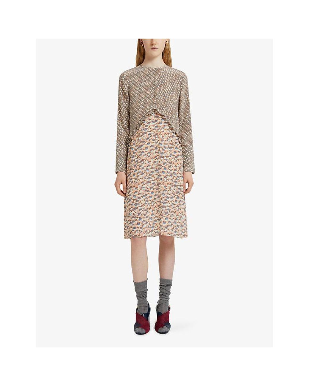 Marni Natural Printed Crepe De Chine Silk Midi Dress