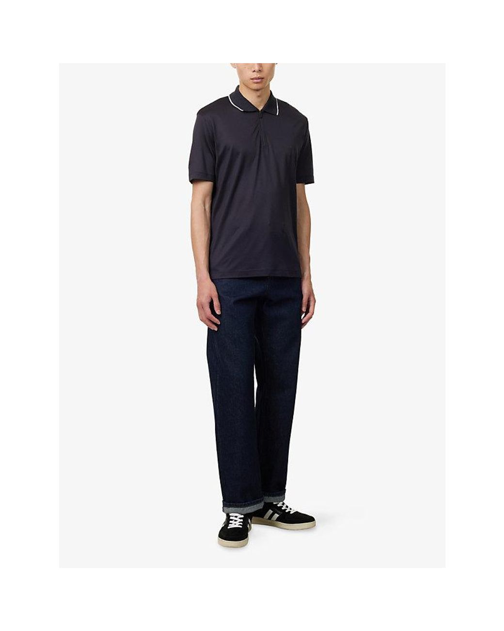 Emporio Armani Blue Contrast-Stripe Collared Cotton-Jersey Polo Top for men