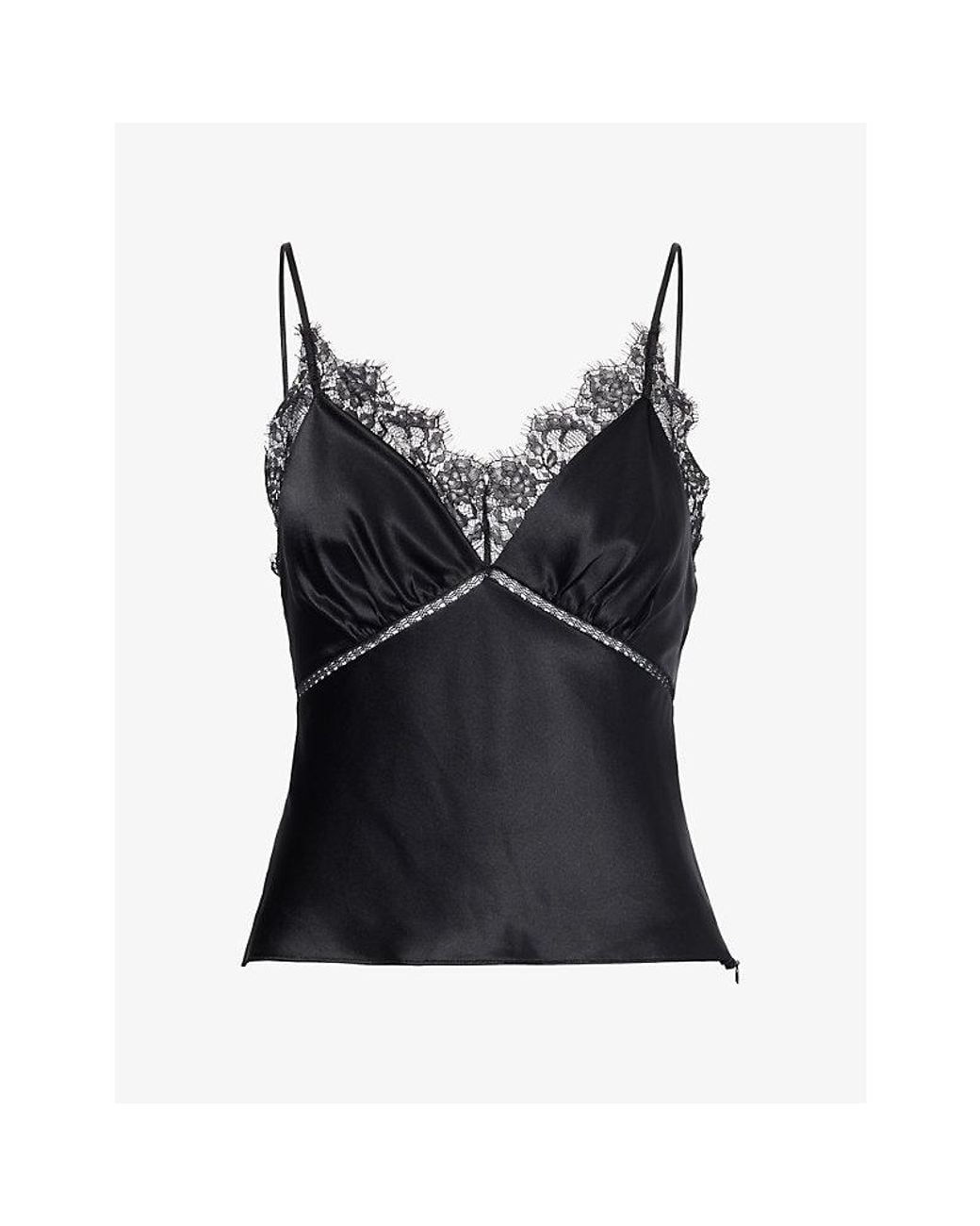 FRAME Black Lace-Trim Silk Cami Top