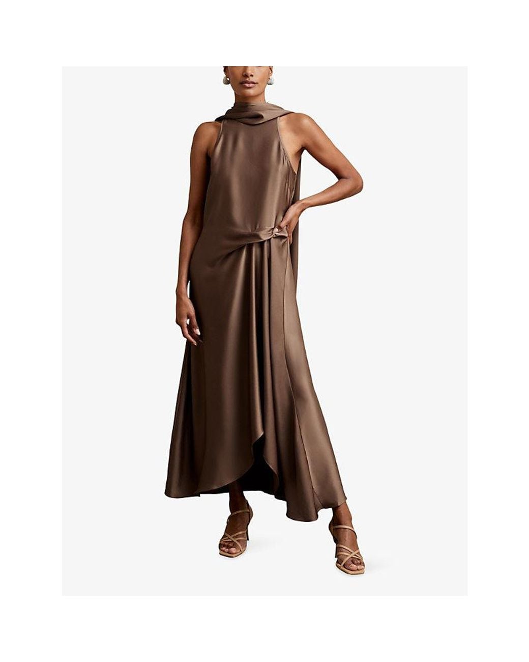 reiss brown satin dress Reiss Satin Cowl Neck Maxi Dress in Mink