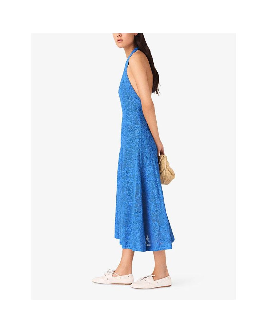 Maje Blue Backless Floral-Guipure Cotton Midi Dress