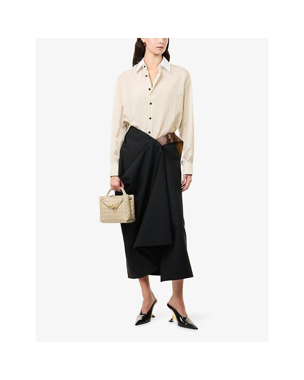 Bottega Veneta Black Belted Wrap-Over Wool Midi Skirt
