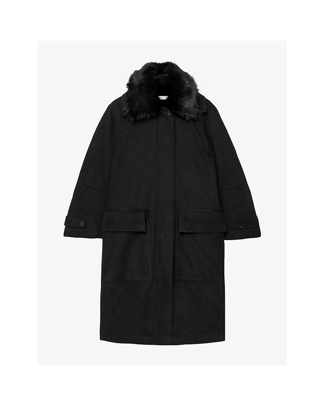 AllSaints Black Seyka Shearling-Collar Cotton-Gabardine Coat