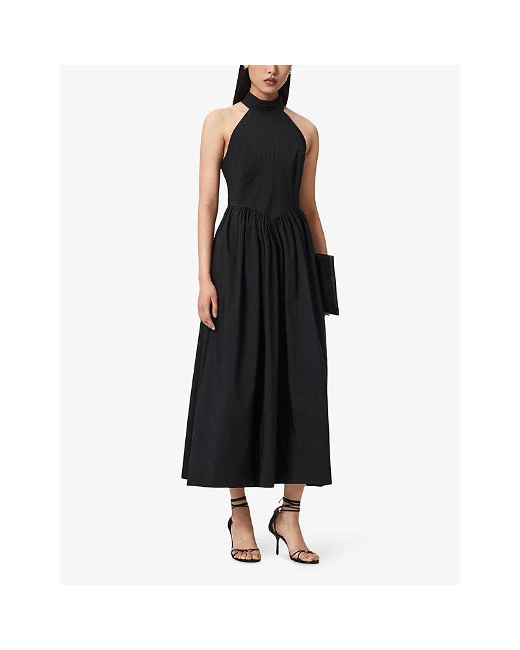 AllSaints Black Arora Halter-Neck Stretch Cotton-Blend Midi Dress