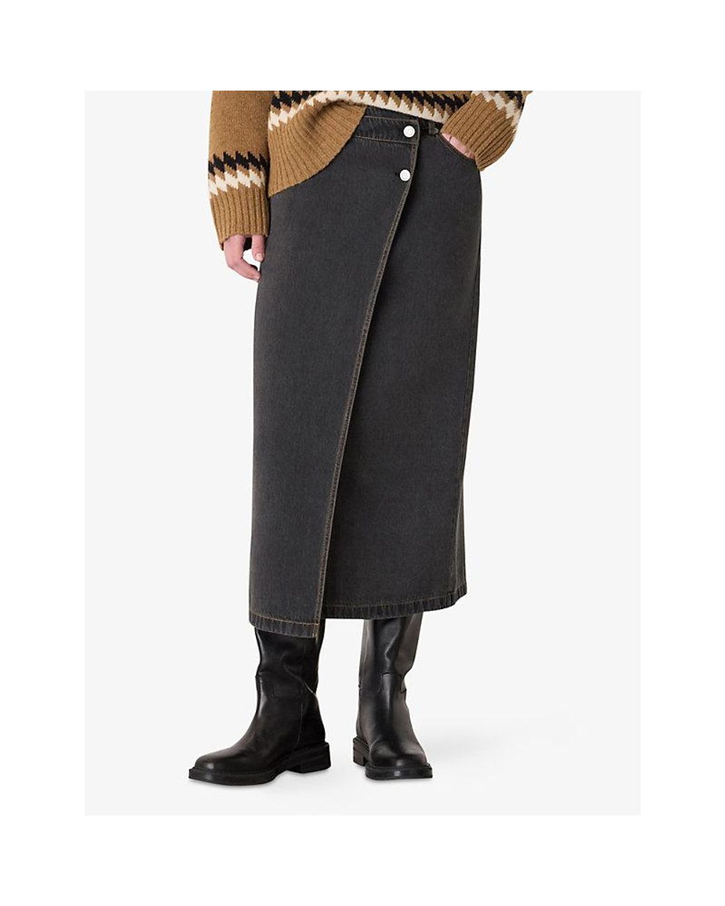Whistles Black Wrap Button-Up Denim Midi Skirt