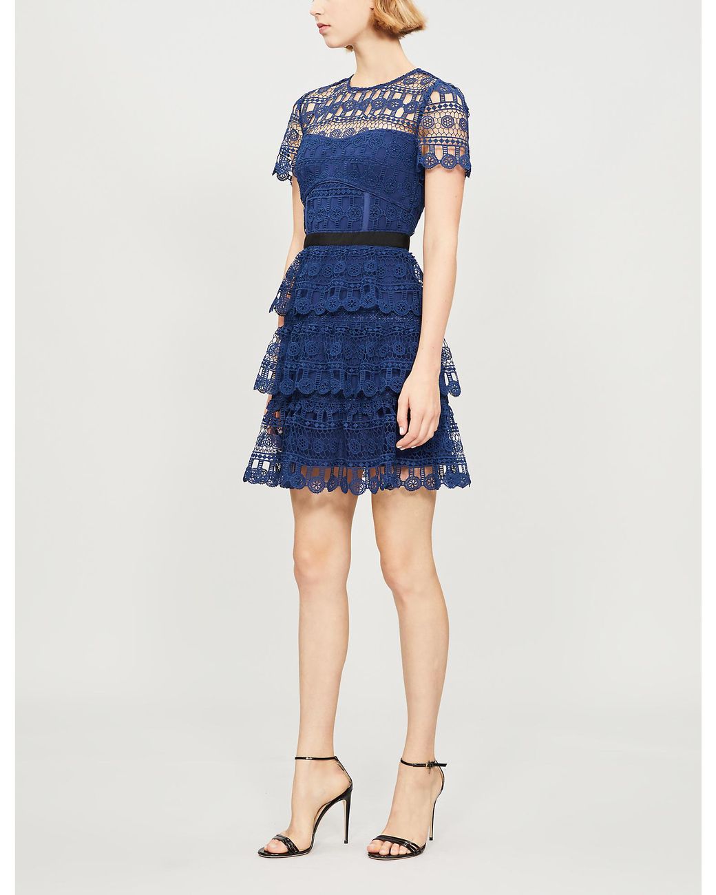 Self-Portrait Tiered Guipure Lace Mini Dress in Blue | Lyst