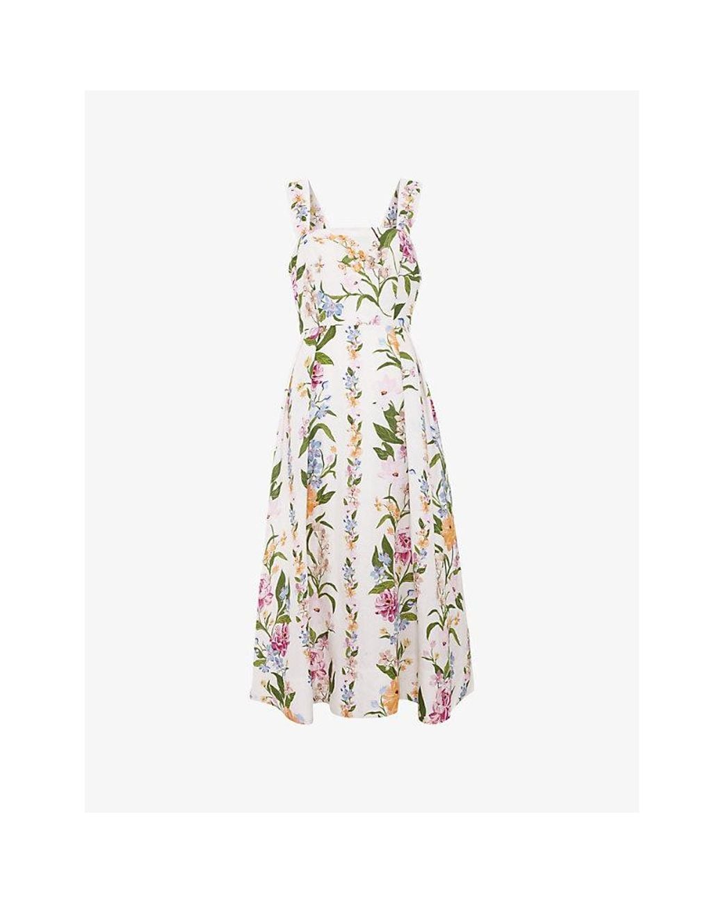 Phase Eight White Lucia Floral-Print Linen-Blend Midi Dress
