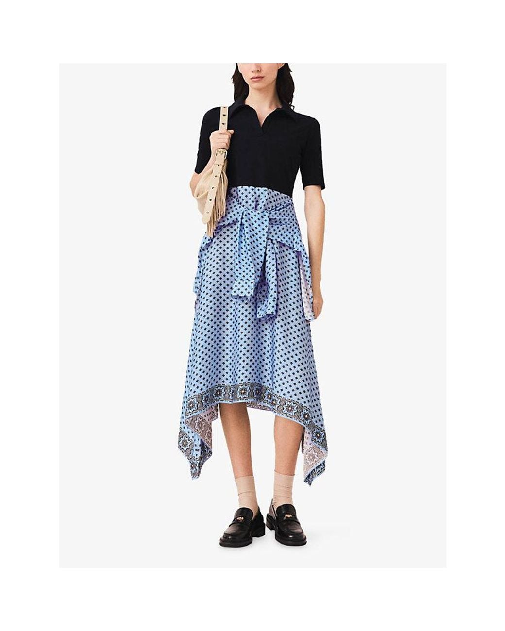 Maje Blue Floral-Print Layered-Effect Woven Midi Dress