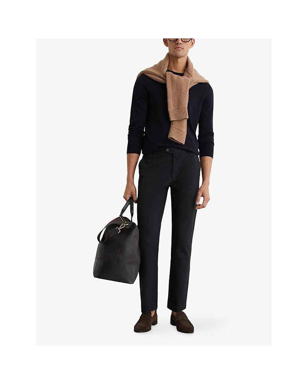 Reiss Black Dobby Straight-Leg Cotton- Pique Trousers for men