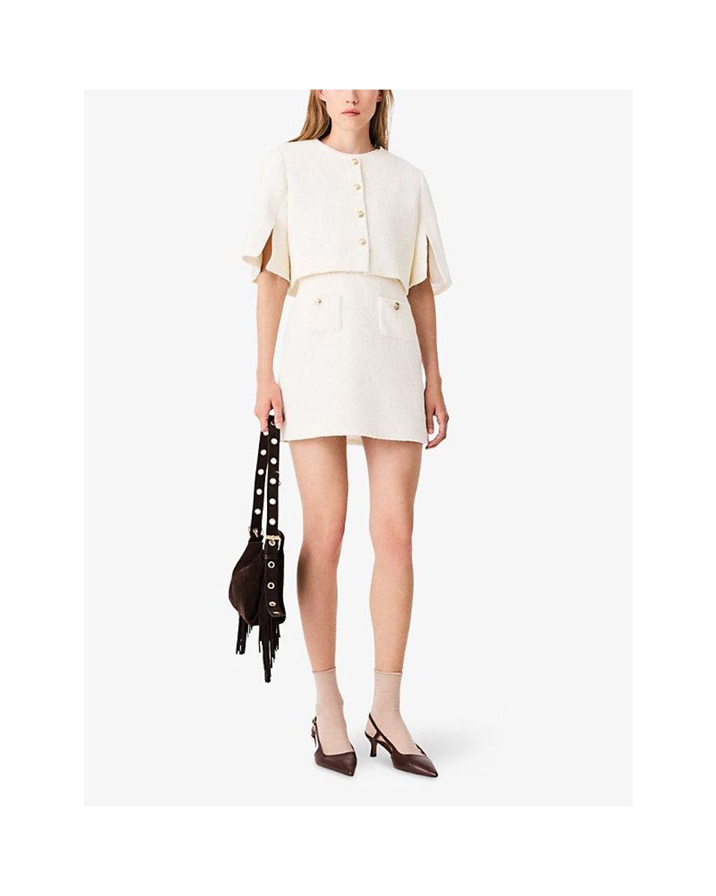 Maje Natural Two-In-One Short-Sleeve Tweed Mini Dress