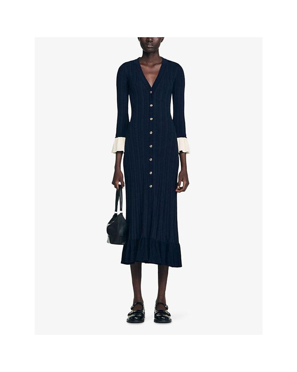 Sandro Blue V-Neck Contrast-Cuff Knitted Midi Dress