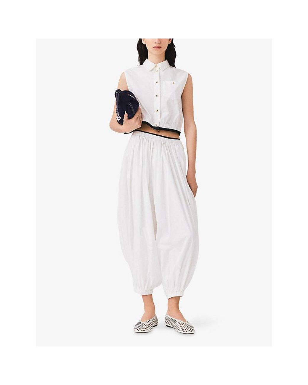Maje White Cropped Sleeveless Cotton Shirt