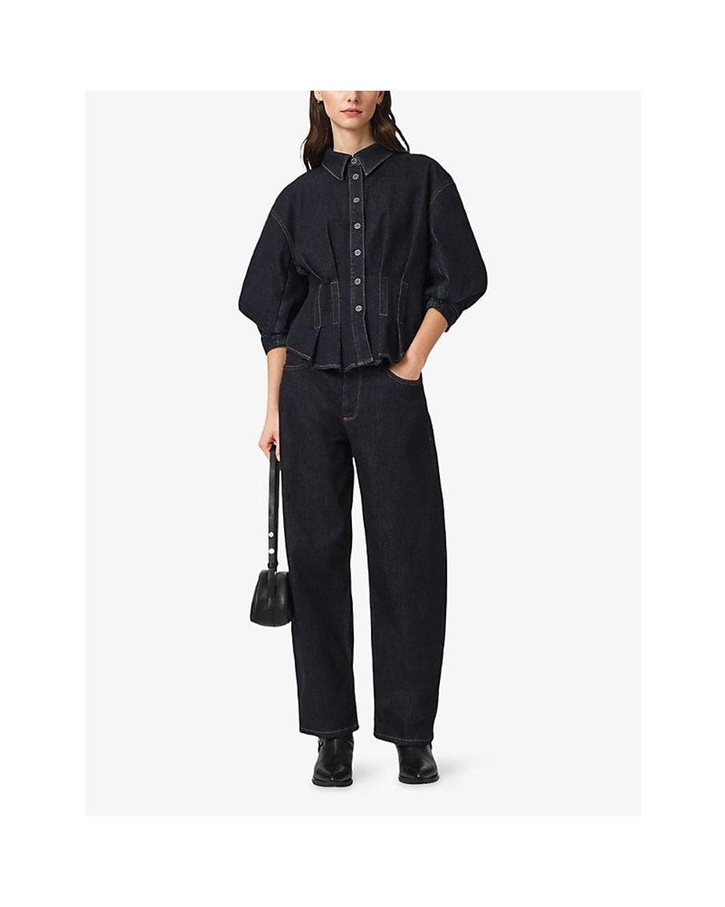 AllSaints Blue Nancy Fitted-Waist Stretch-Denim Shirt
