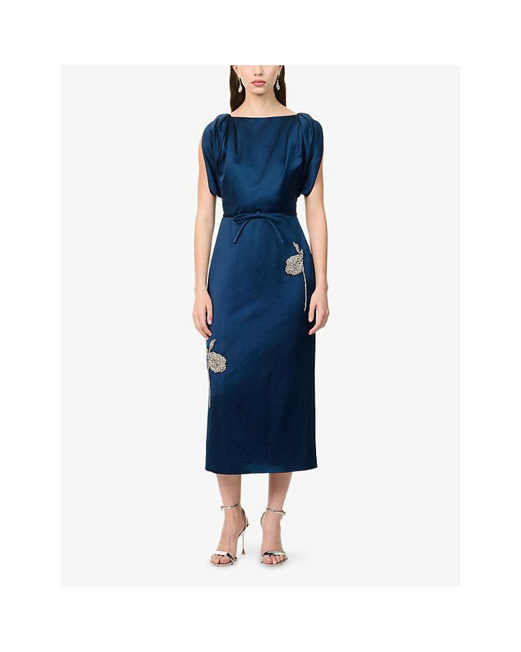 Erdem Blue Floral-Embroidered Fitted Satin Midi Dress