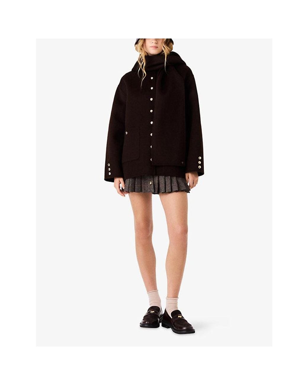 Maje Brown Hooded Button-Down Wool-Blend Scarf Jacket