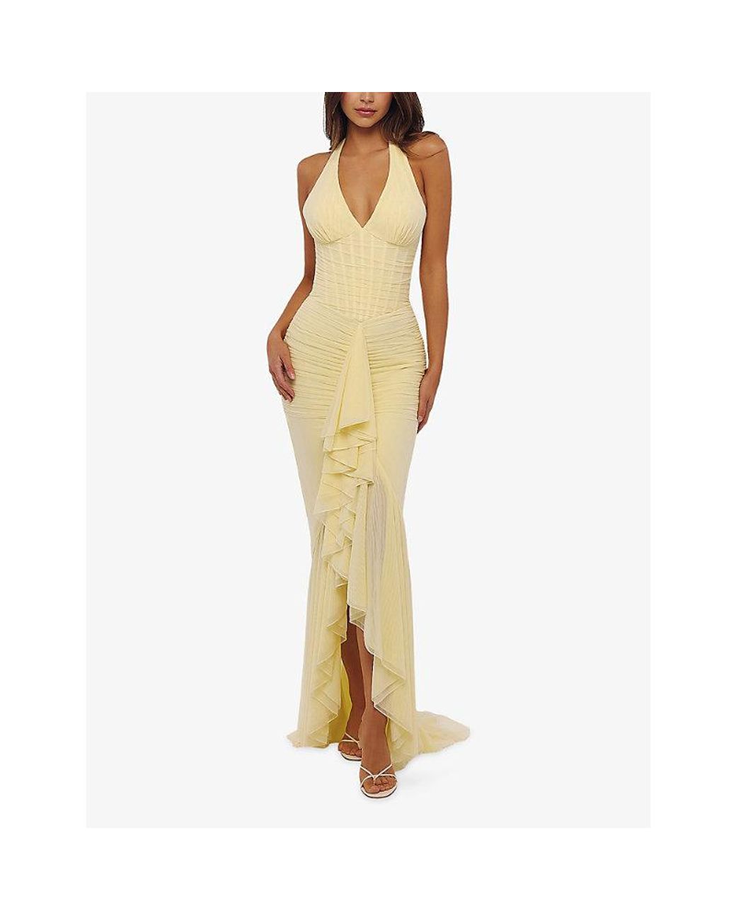 House Of Cb Yellow Carmine Halterneck Stretch-Mesh Maxi Dress Xs (A-C Cup)