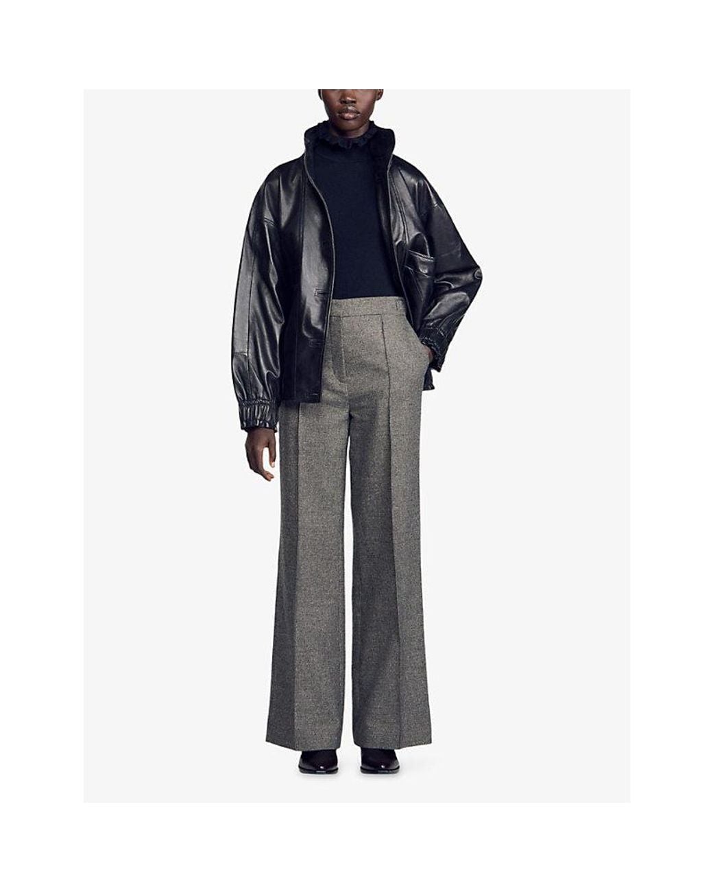 Sandro Gray Houndstooth-Pattern Straight-Leg High-Rise Wool-Blend Trousers