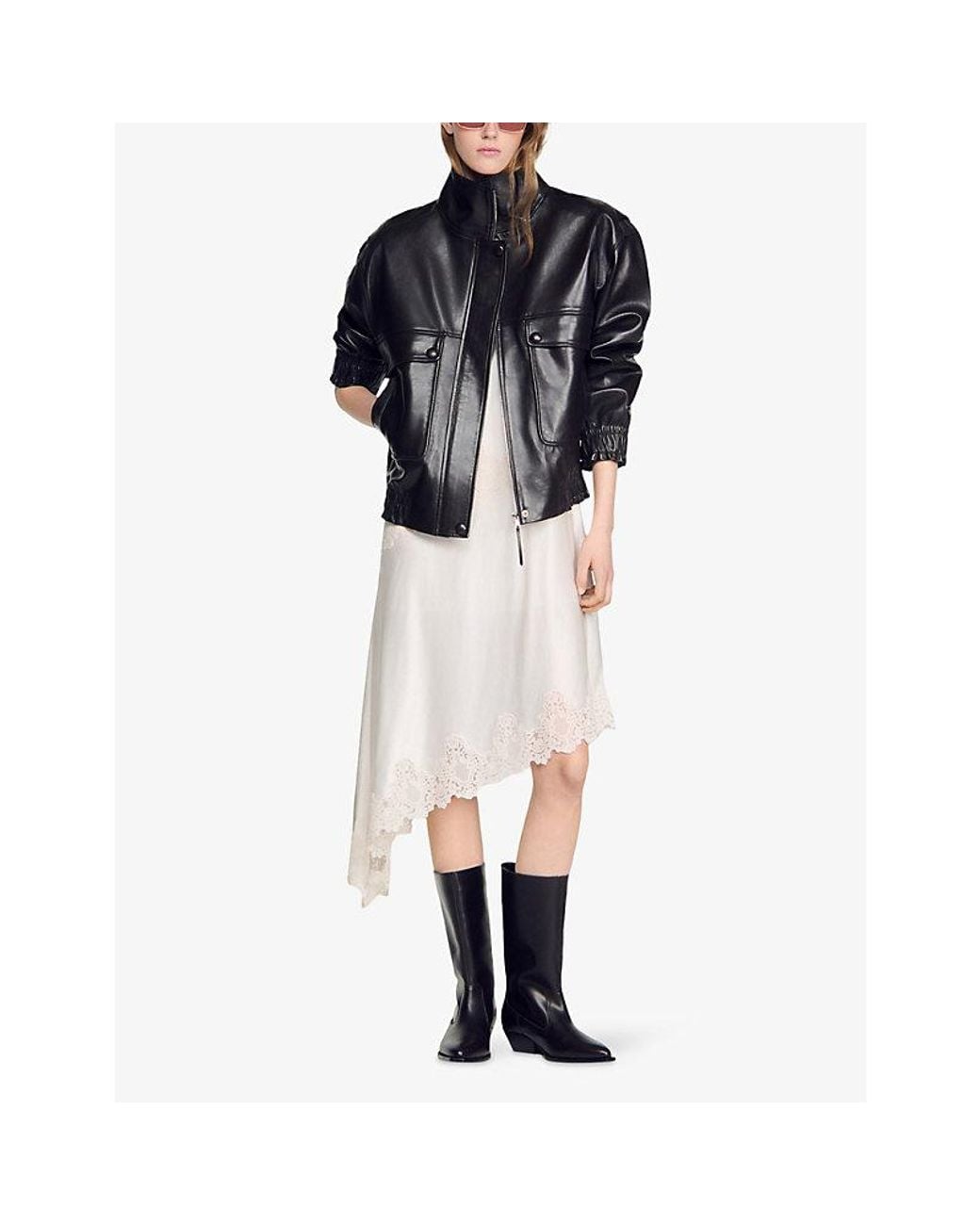 Sandro Black Oversized Stand-Collar Leather Jacket