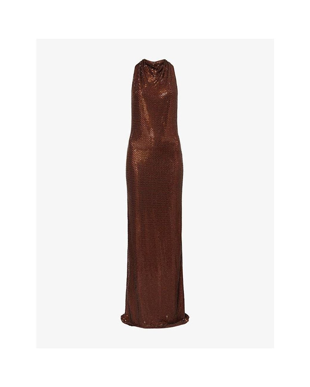 Self-Portrait Brown Racer-Back Rhinestone-Embellished Maxi Dress